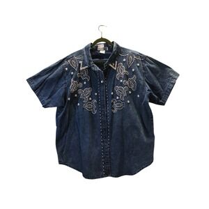 Vintage Club Z Denim Shirt Women 2X Plus Sun Embroidered Face Abstract Art 80s